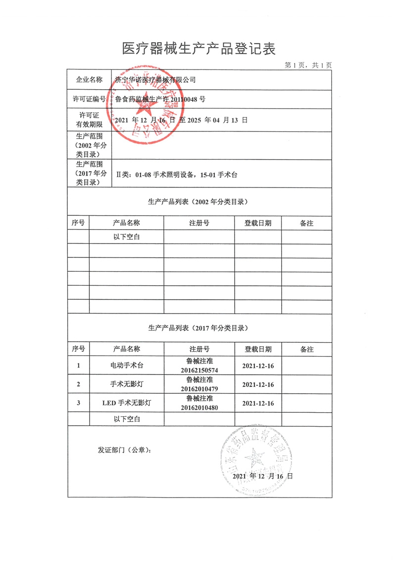 醫療器械生產產品登記表